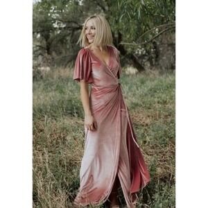 Boutique+ Rose Gold Velvet Wrap‎ Maxi Dress Flutter Sleeve V-Neck Plus Size 2X